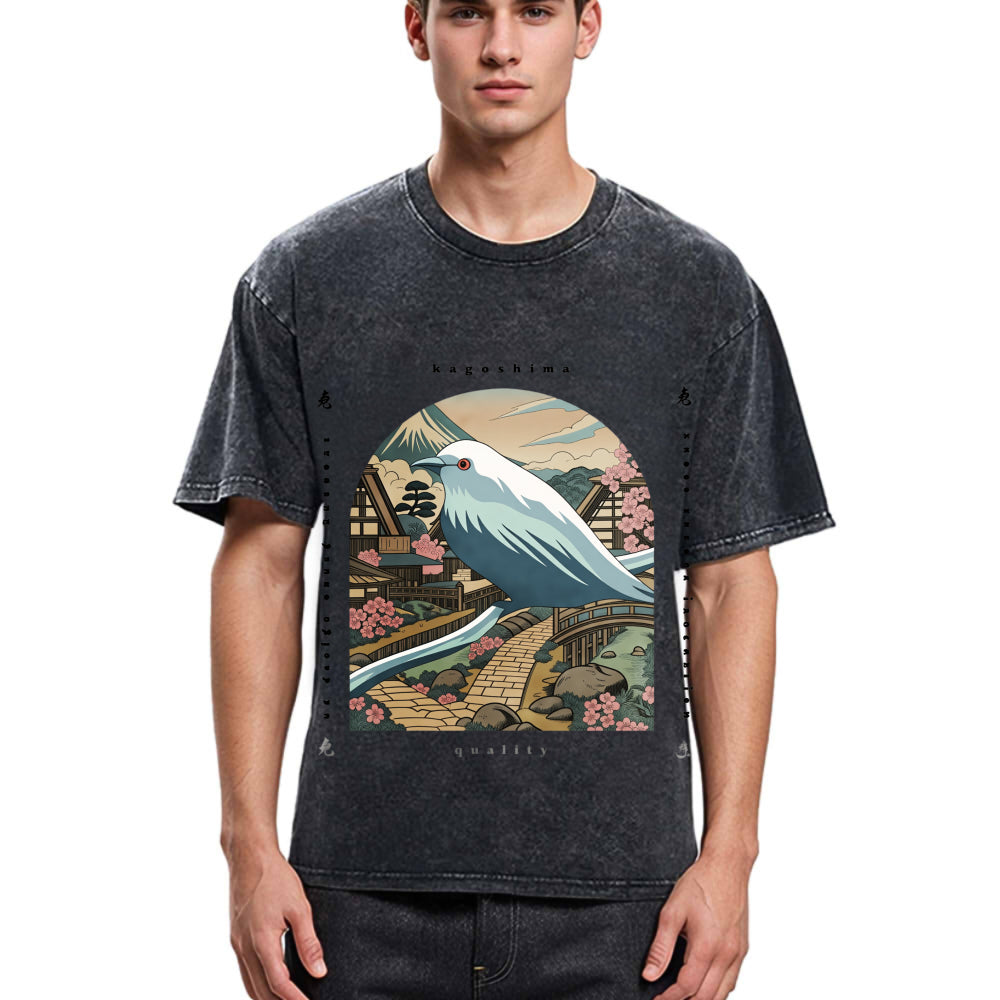 Tokyosol Retro Japan Culture Bird Washed T Shirt