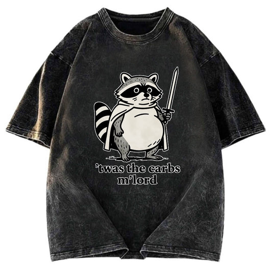 Tokyosol Fat Raccoon Sword Humor Washed T Shirt