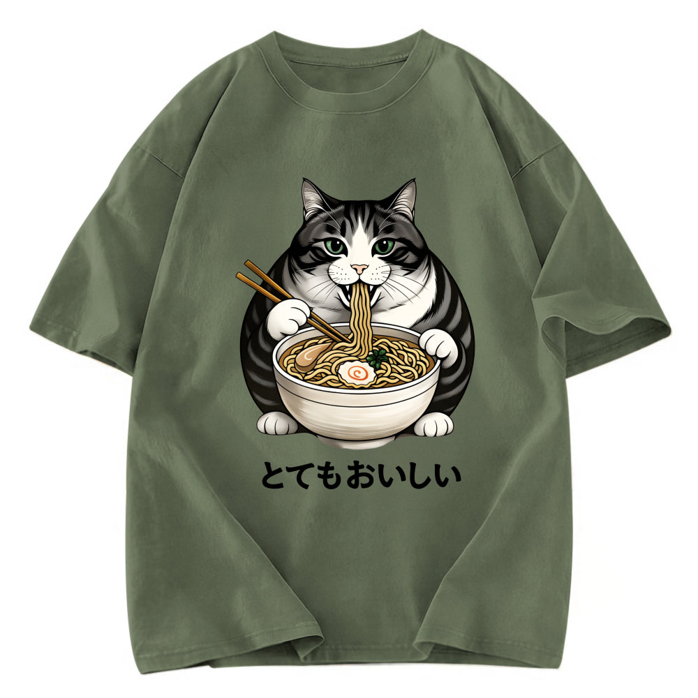 Tokyosol Fat Cat Eating Delicious Ramen Washed T Shirt