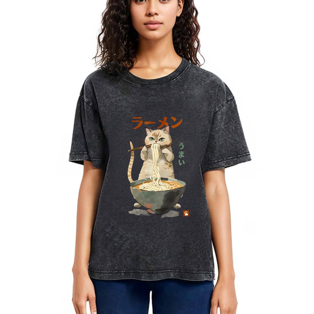 Tokyosol Cute Cat Eating Yummy Ramen Washed T Shirt