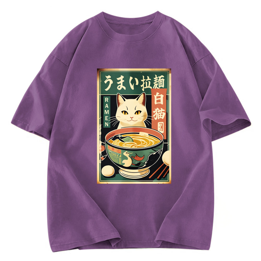 Tokyosol White Cat Eating Ramen Washed T Shirt