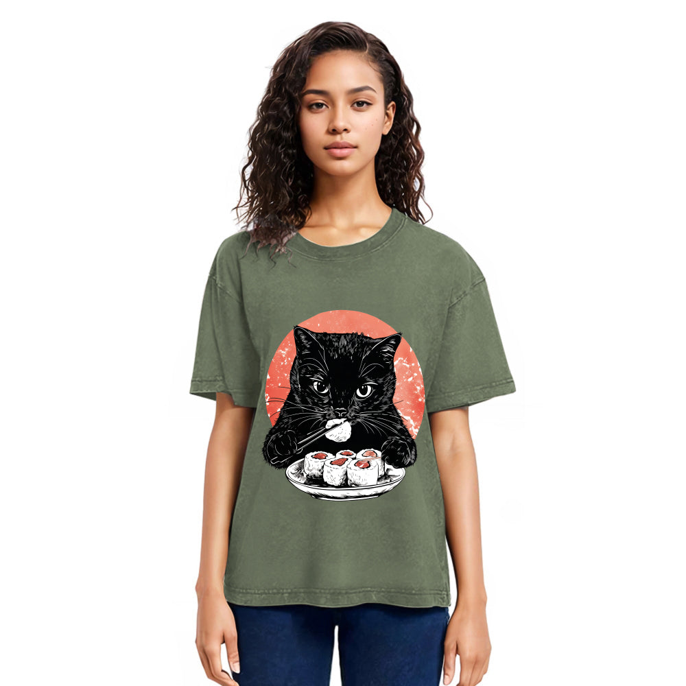 Tokyosol Cat Eating Delicious Sushi Washed T Shirt