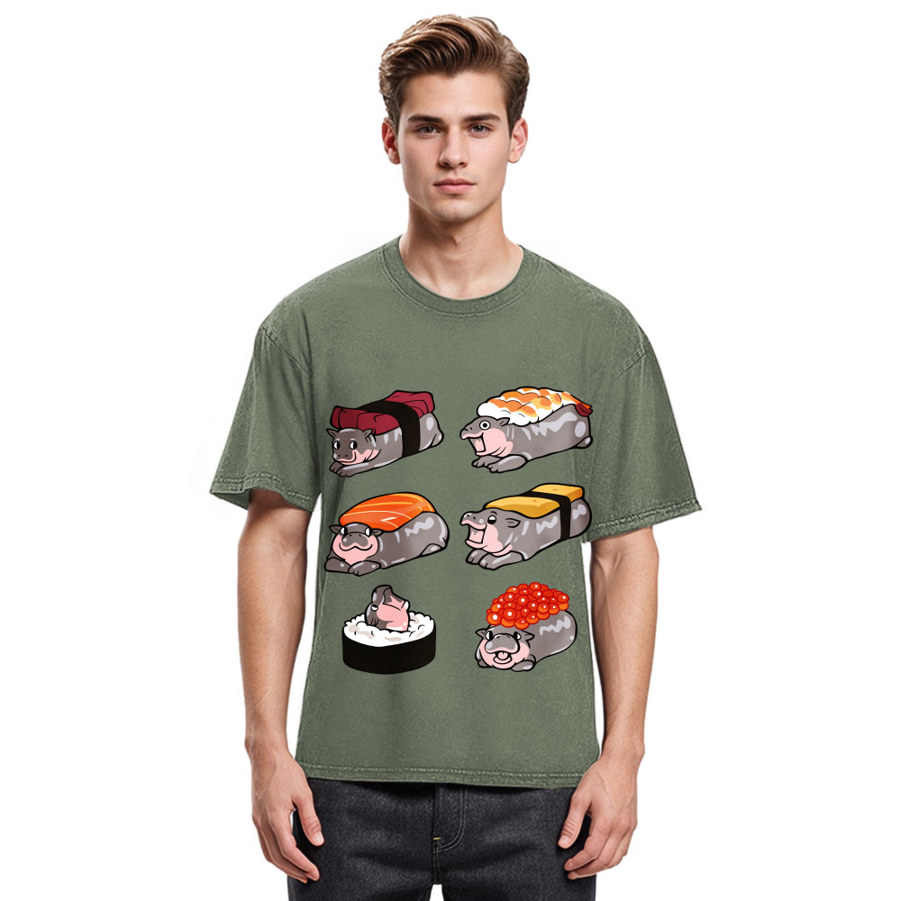 Tokyosol Cute Hippo Sushi Washed T Shirt Washed T Shirt