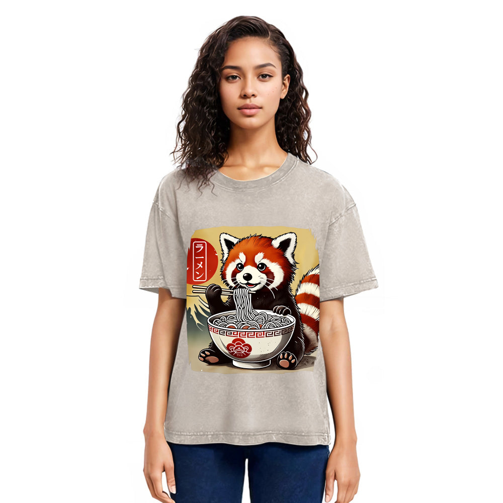 Tokyosol Cute Raccoon Eating Ramen Washed T Shirt