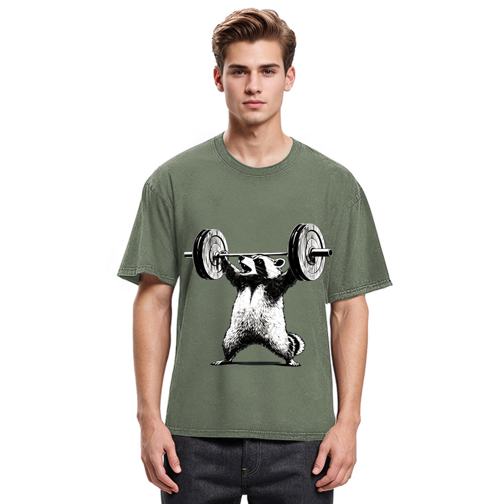 Tokyosol Raccoon Weightlifting Funny Washed T Shirt