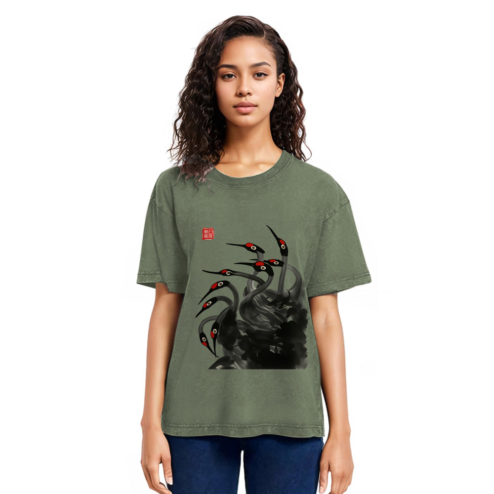Tokyosol Retro Red Crowned Crane Washed T Shirt