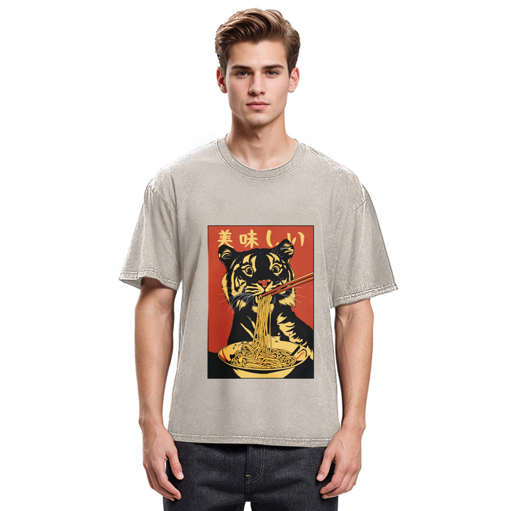 Tokyosol Tiger Eating Delicious Ramen Washed T-Shirt