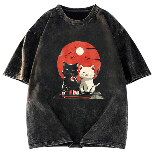 Tokyosol Black And White Cat Vintage Washed T Shirt