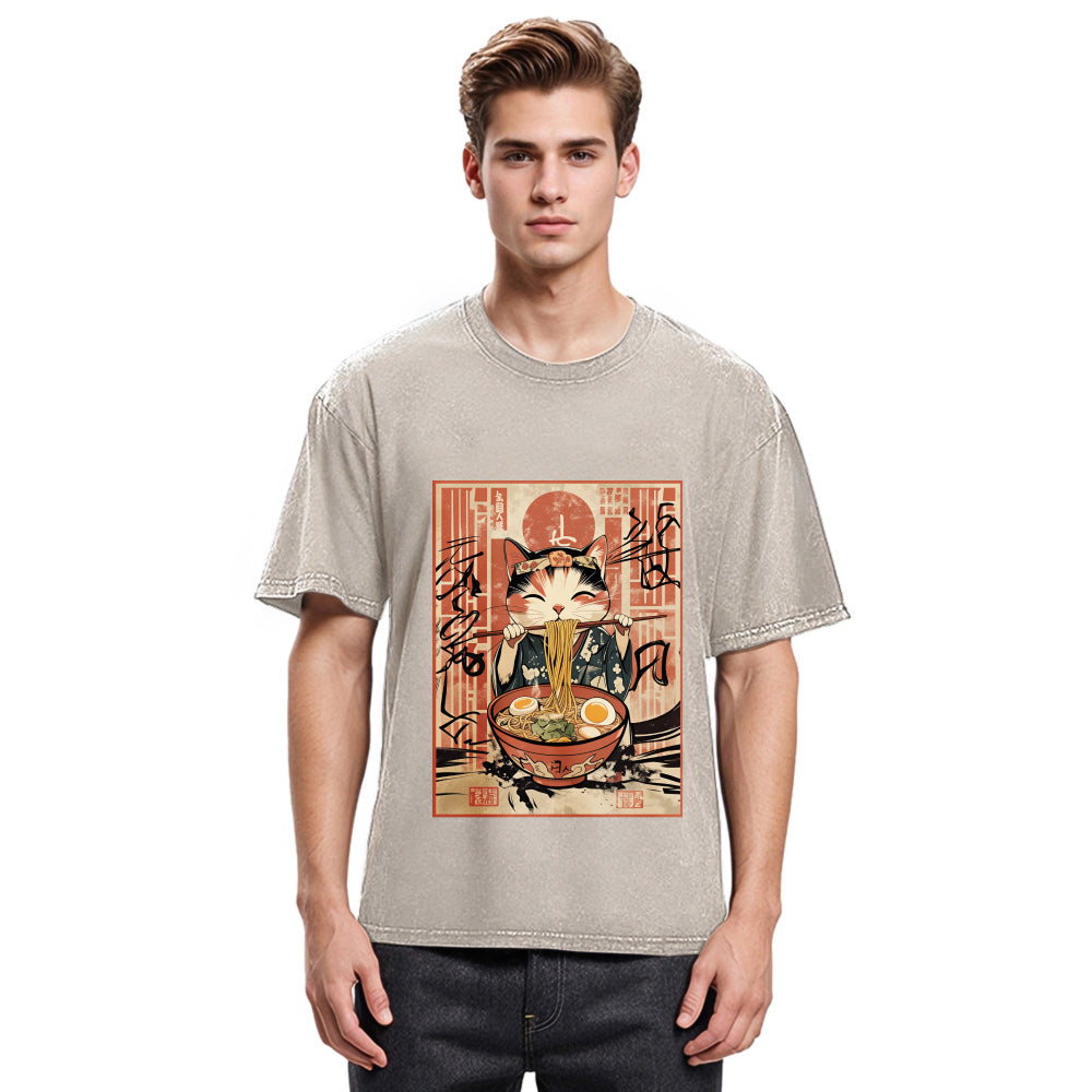 Tokyosol Kawaii Japanese Cute Ramen Cat Washed T Shirt