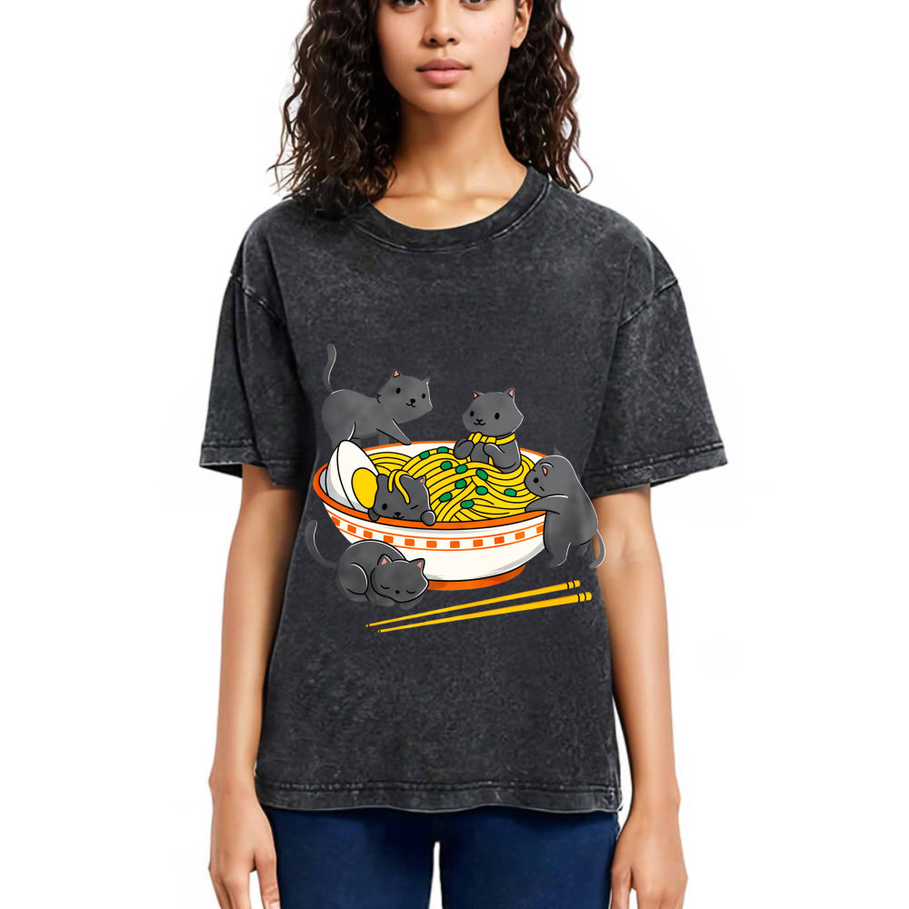 Tokyosol Kawaii Anime Cat Japanese Ramen Washed T Shirt