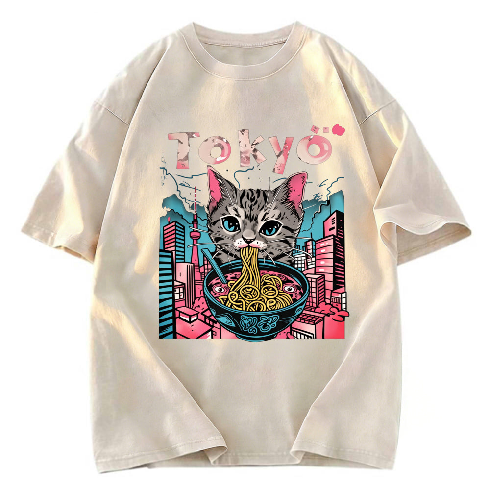 Tokyosol Tokyo Ramen Pink Cat Washed T Shirt