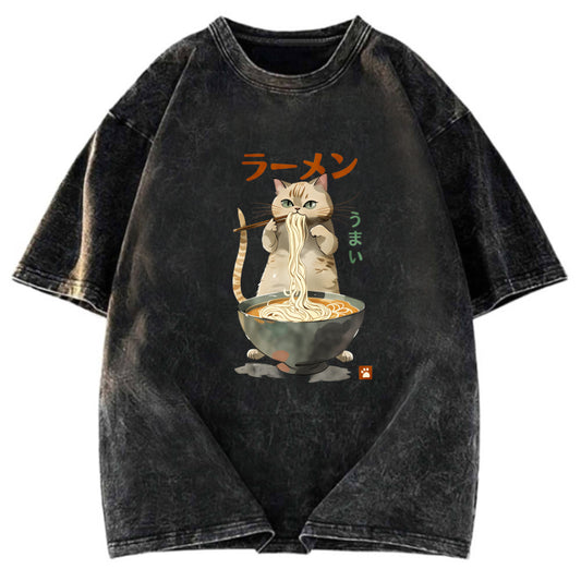 Tokyosol Cute Cat Eating Yummy Ramen Washed T Shirt