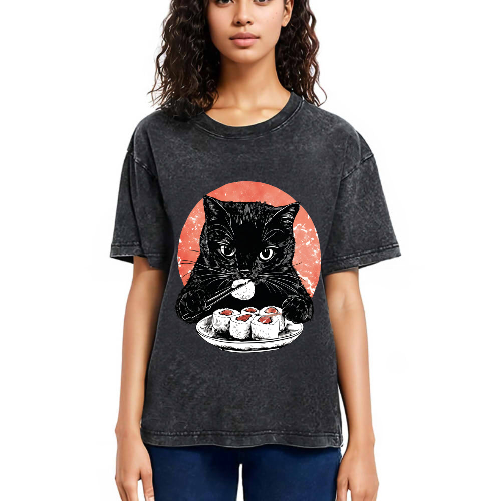 Tokyosol Cat Eating Delicious Sushi Washed T Shirt