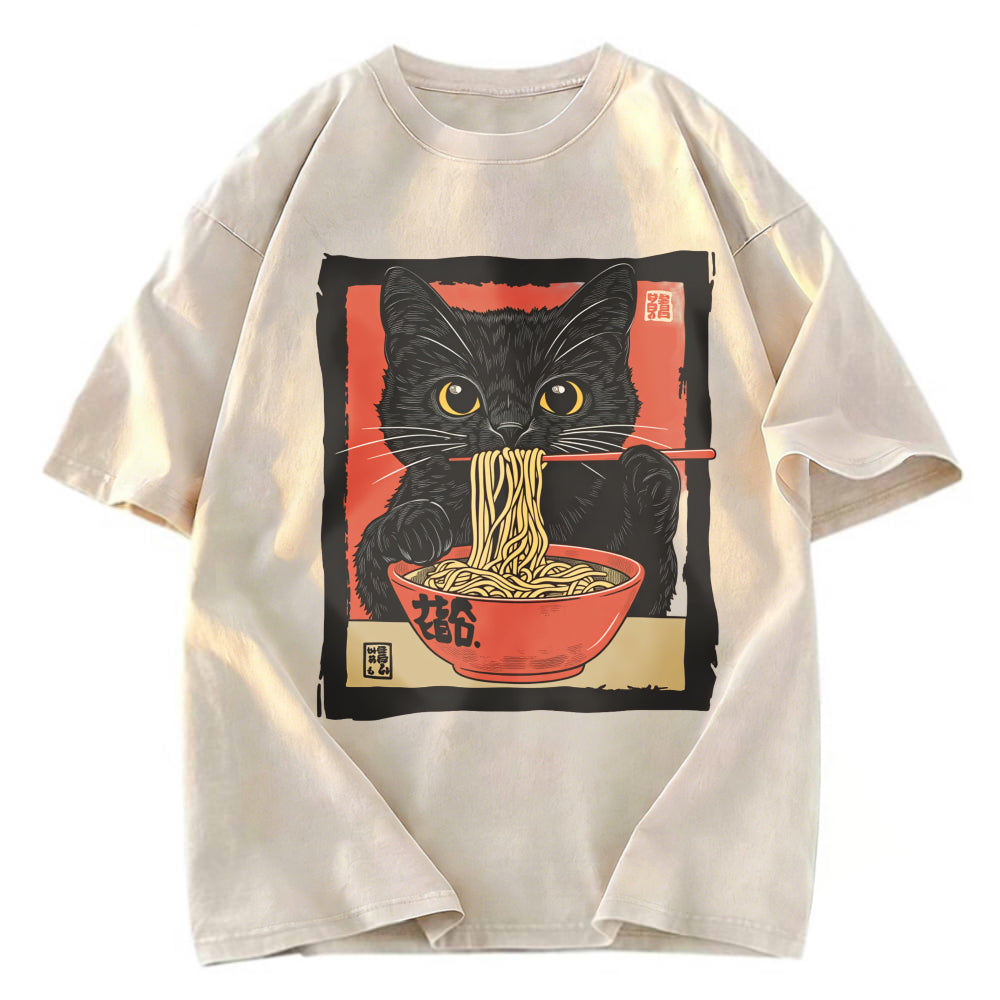 Tokyosol Kawaii Japanese Ramen Cat Vintage Washed T Shirt