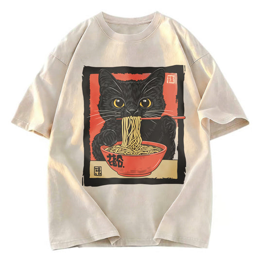 Tokyosol Kawaii Japanese Ramen Cat Vintage Washed T Shirt