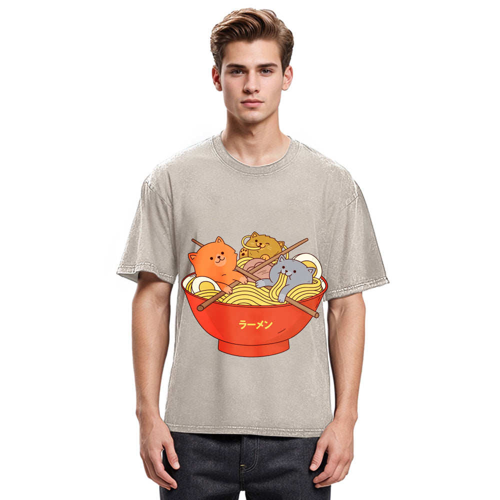 Tokyosol Cute Cat Ramen Washed T Shirt