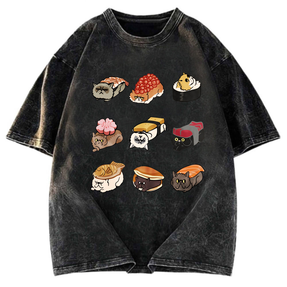 Tokyosol Cute Cat Sushi Washed T Shirt
