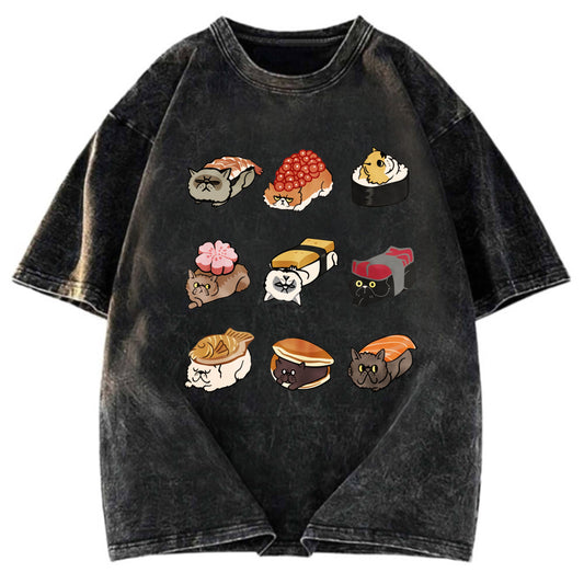 Tokyosol Cute Cat Sushi Washed T Shirt