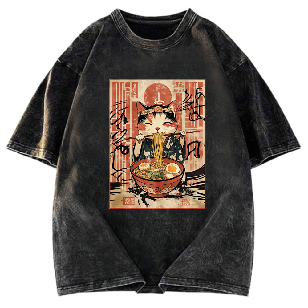 Tokyosol Kawaii Japanese Cute Ramen Cat Washed T Shirt