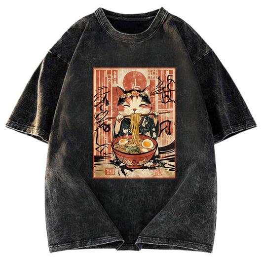 Tokyosol Kawaii Japanese Cute Ramen Cat Washed T Shirt