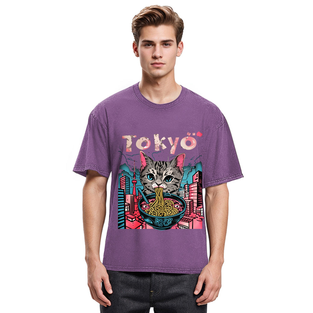 Tokyosol Tokyo Ramen Pink Cat Washed T Shirt