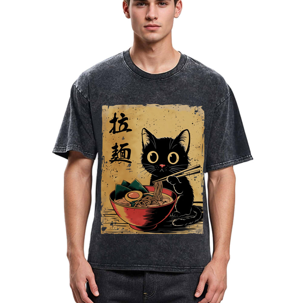 Tokyosol Retro Black Cat Eating Ramen Washed T Shirt