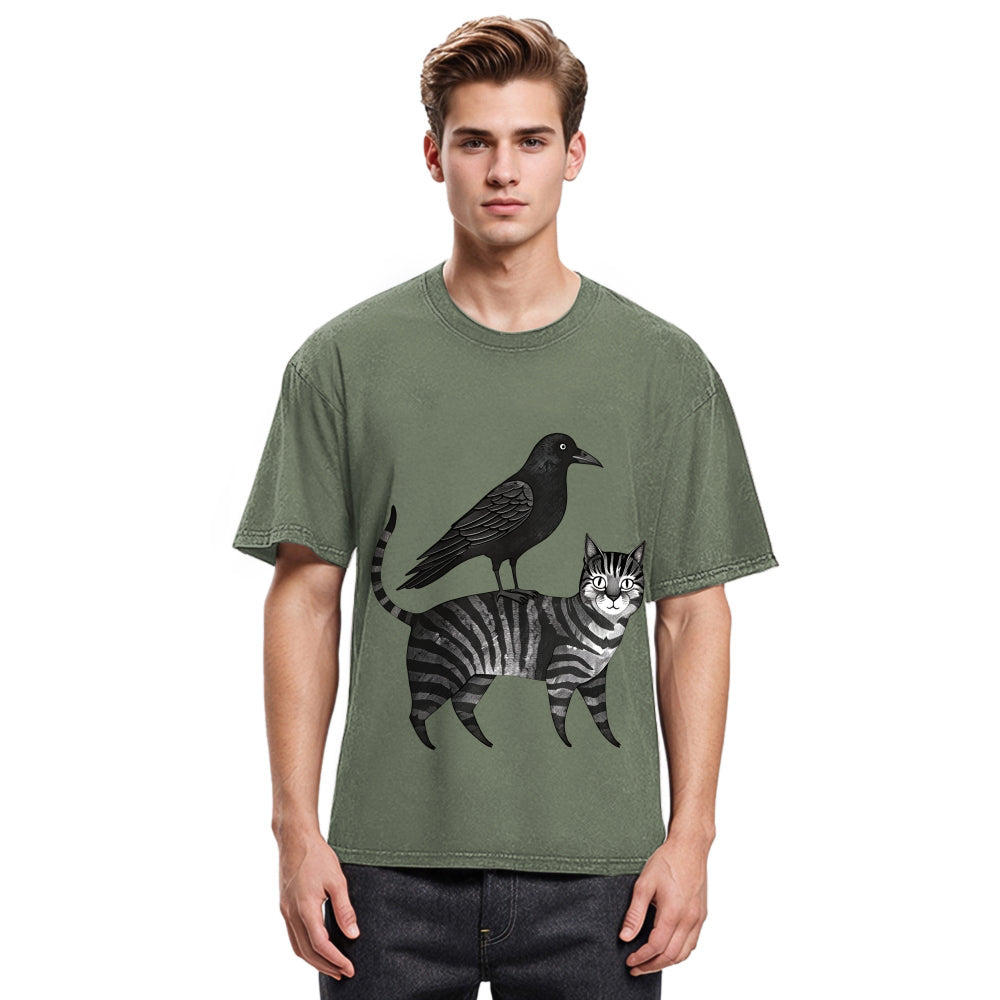 Tokyosol Crow Riding A Cat Washed T Shirt