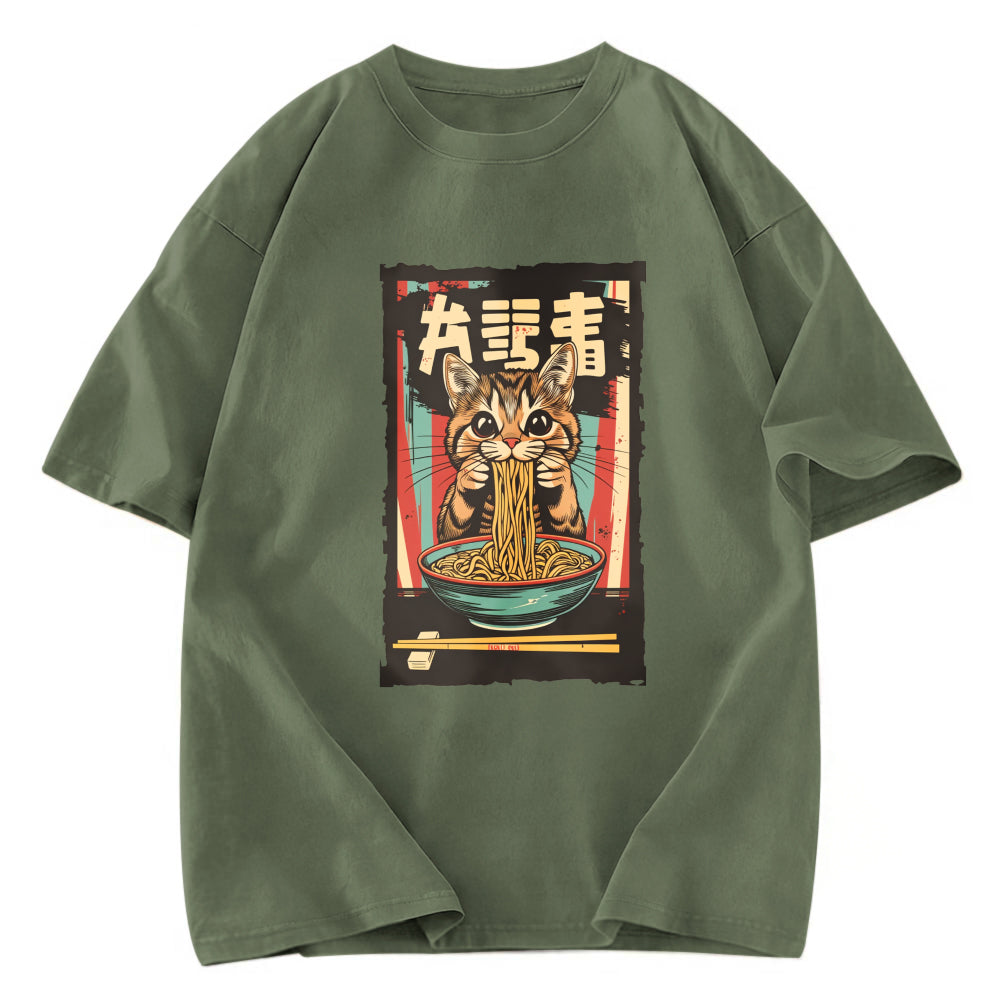 Tokyosol Kawaii Ramen Orange Cat Vintage Japanese Washed T Shirt