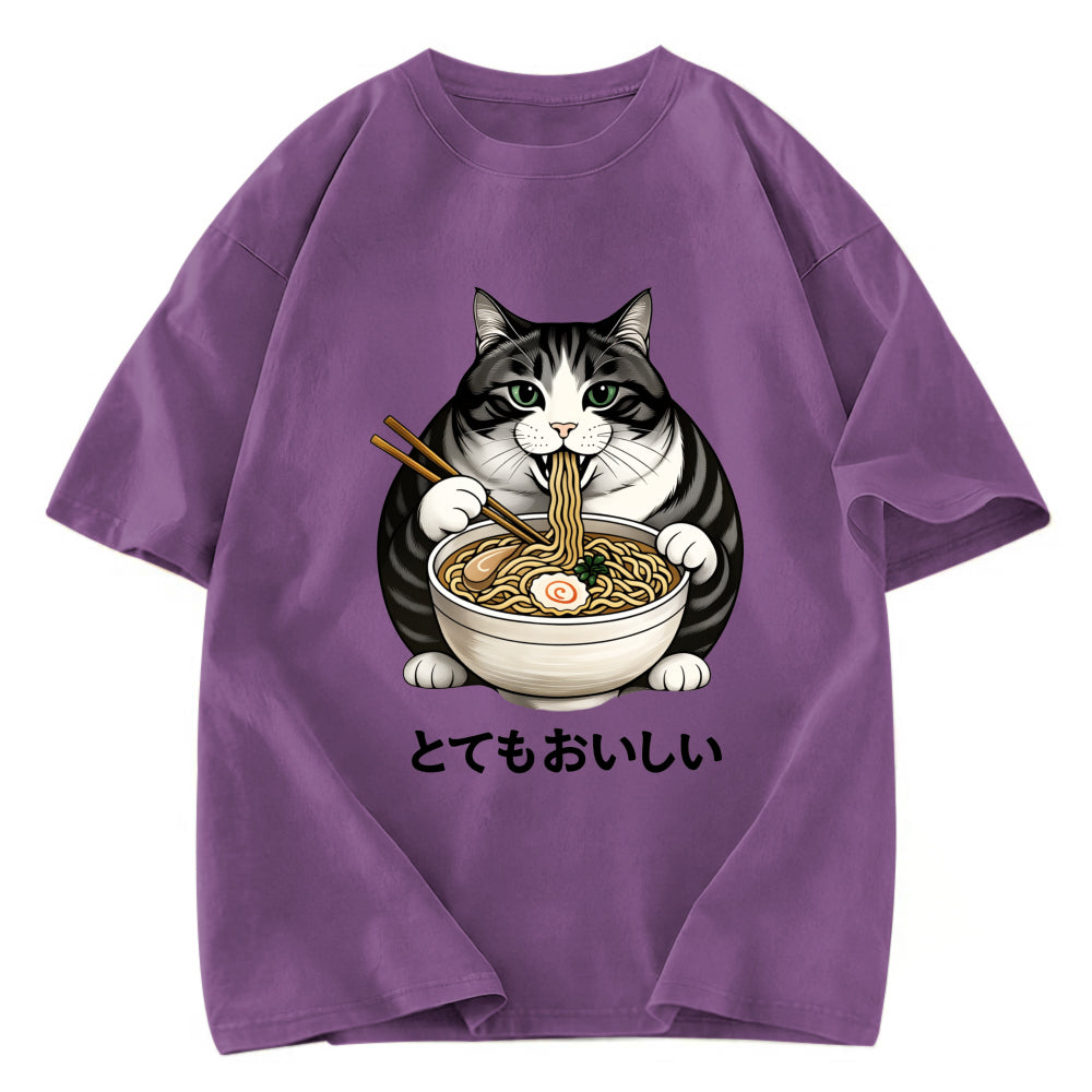 Tokyosol Fat Cat Eating Delicious Ramen Washed T Shirt