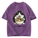 Tokyosol Fat Cat Eating Delicious Ramen Washed T Shirt