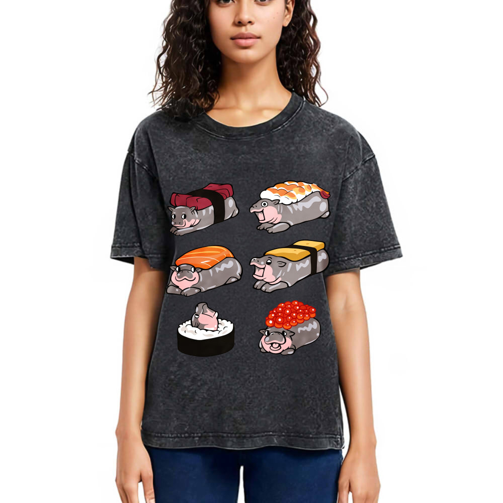 Tokyosol Cute Hippo Sushi Washed T Shirt Washed T Shirt