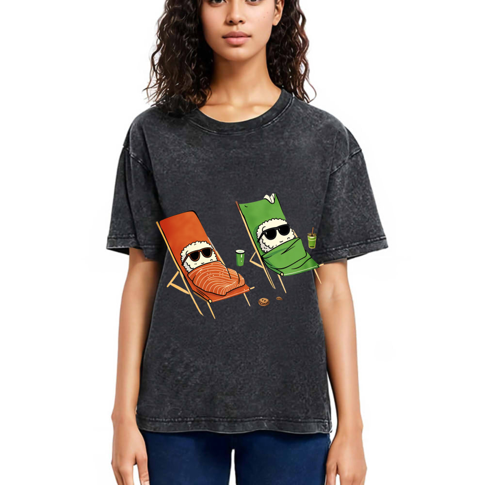 Tokyosol Funny Sushi Sunbathing Washed T Shirt