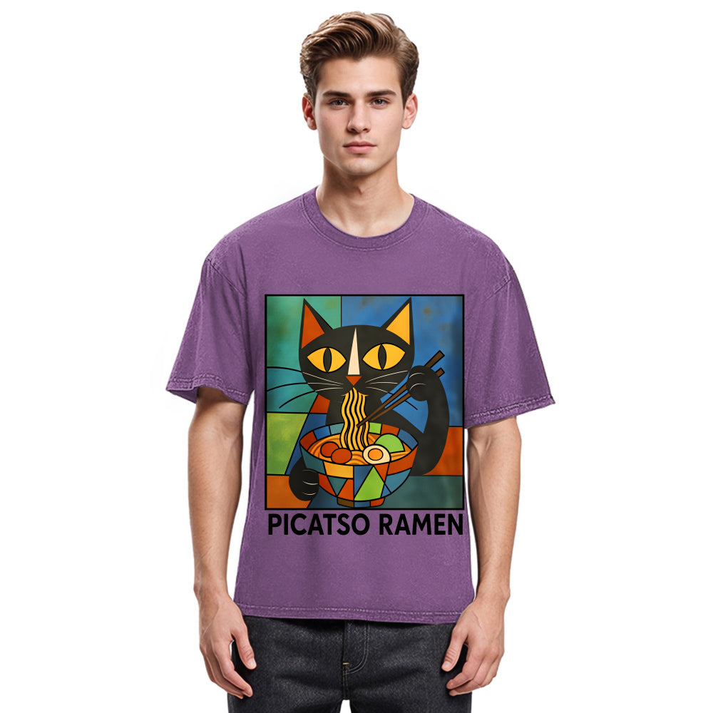 Tokyosol Abstract Cat Eating Ramen Washed T Shirt