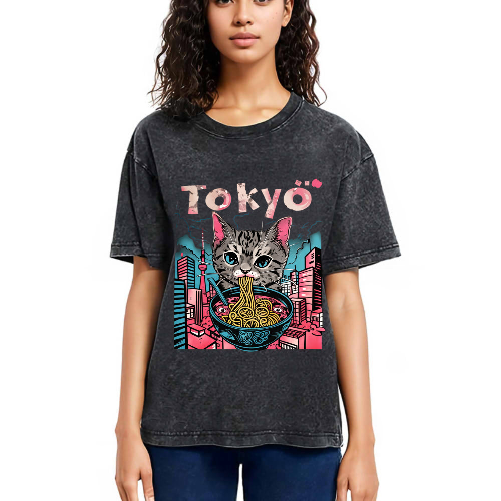 Tokyosol Tokyo Ramen Pink Cat Washed T Shirt
