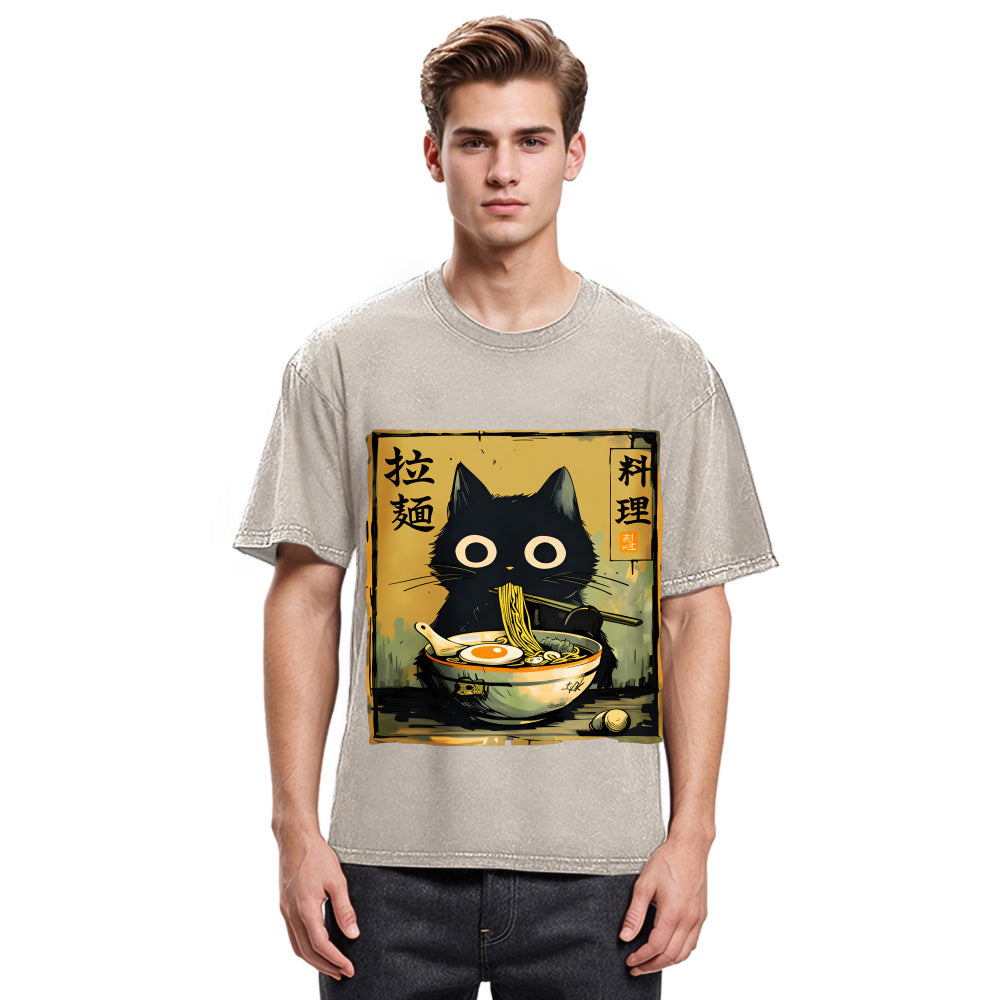 Tokyosol Cute Black Cat Eating Ramen Washed T-Shirt