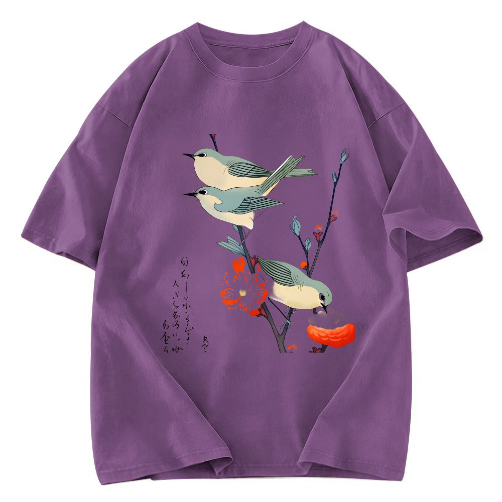 Tokyosol Japanese Art Birds On Cherry Blossom Washed T Shirt