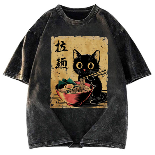 Tokyosol Retro Black Cat Eating Ramen Washed T Shirt