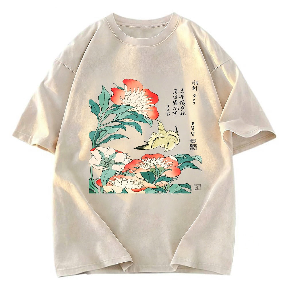 Tokyosol Hokusai Flowers Peonies Bird Washed T Shirt