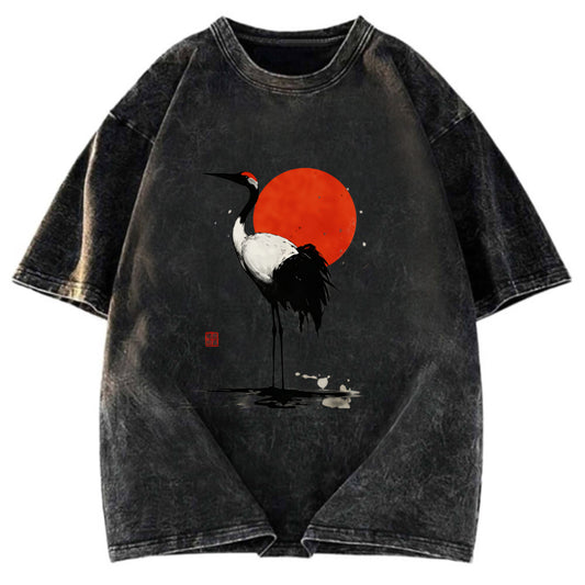 Tokyosol Retro Japanese Red Crowned Crane Washed T Shirt