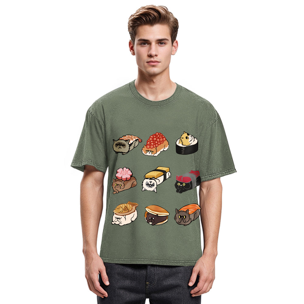 Tokyosol Cute Cat Sushi Washed T Shirt