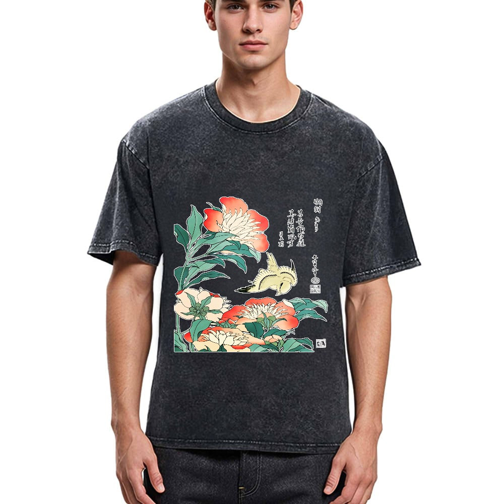 Tokyosol Hokusai Flowers Peonies Bird Washed T Shirt