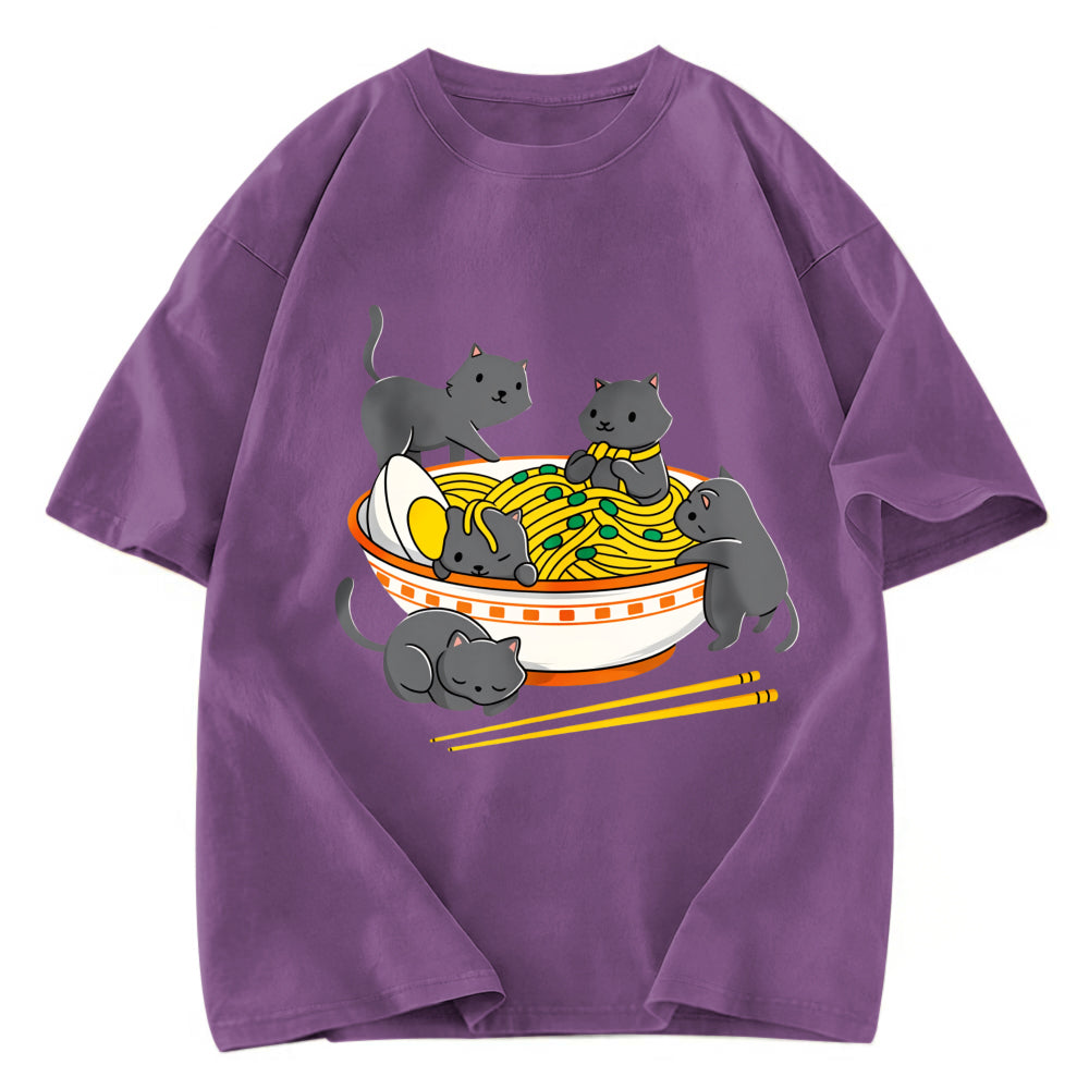 Tokyosol Kawaii Anime Cat Japanese Ramen Washed T Shirt