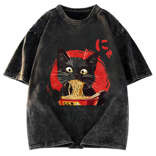 Tokyosol Japanese Ramen Black Cat Washed T Shirt