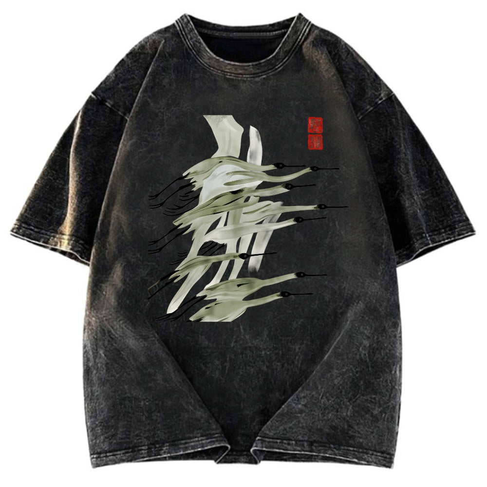 Tokyosol Flock Of Cranes In Flight Washed T Shirt