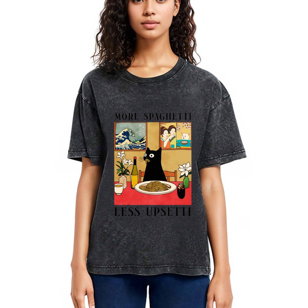 Tokyosol Cat Eating Pasta Washed T Shirt