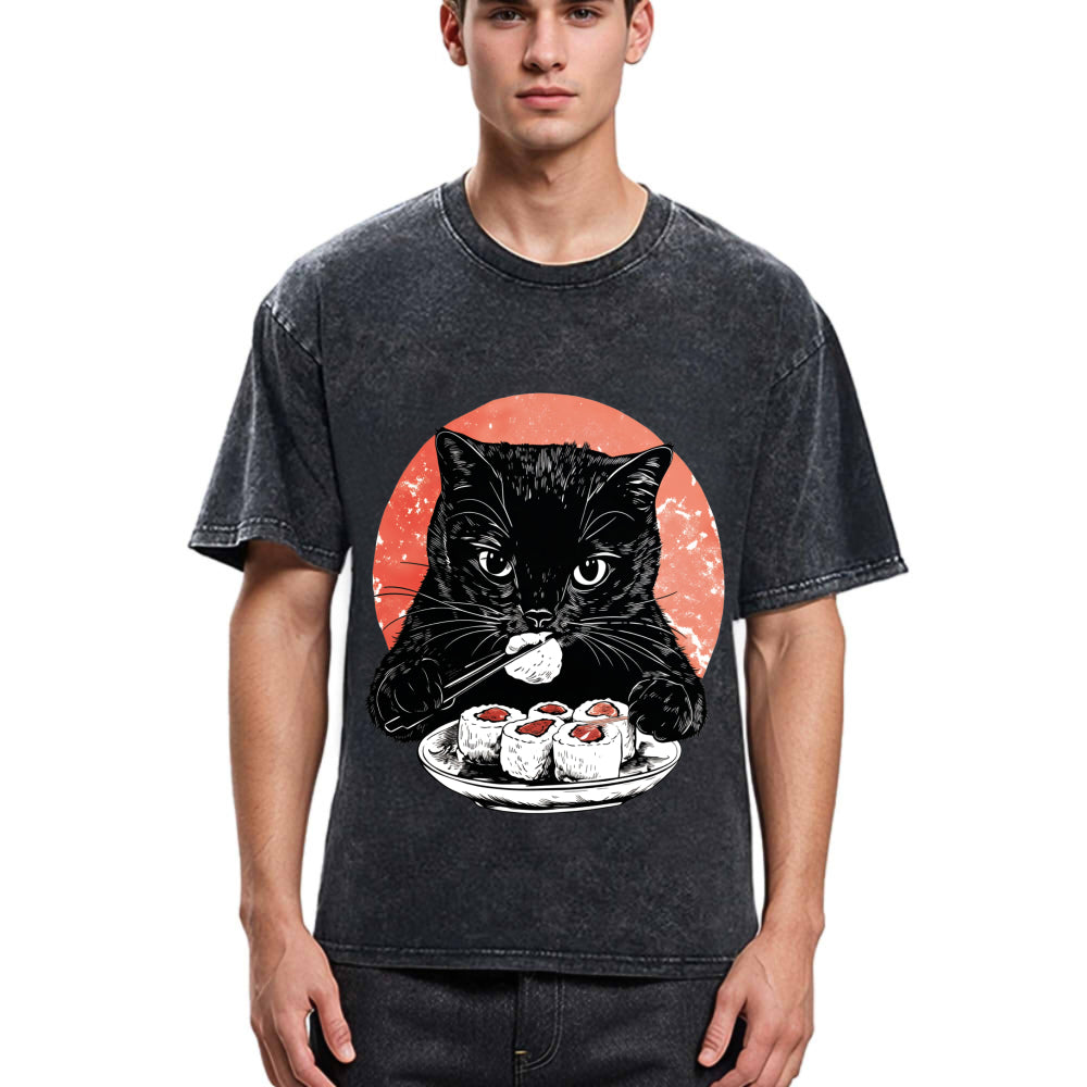 Tokyosol Cat Eating Delicious Sushi Washed T Shirt