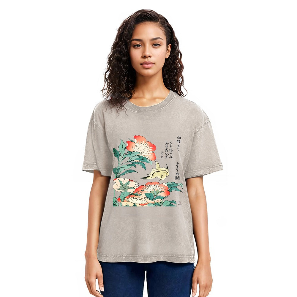 Tokyosol Hokusai Flowers Peonies Bird Washed T Shirt