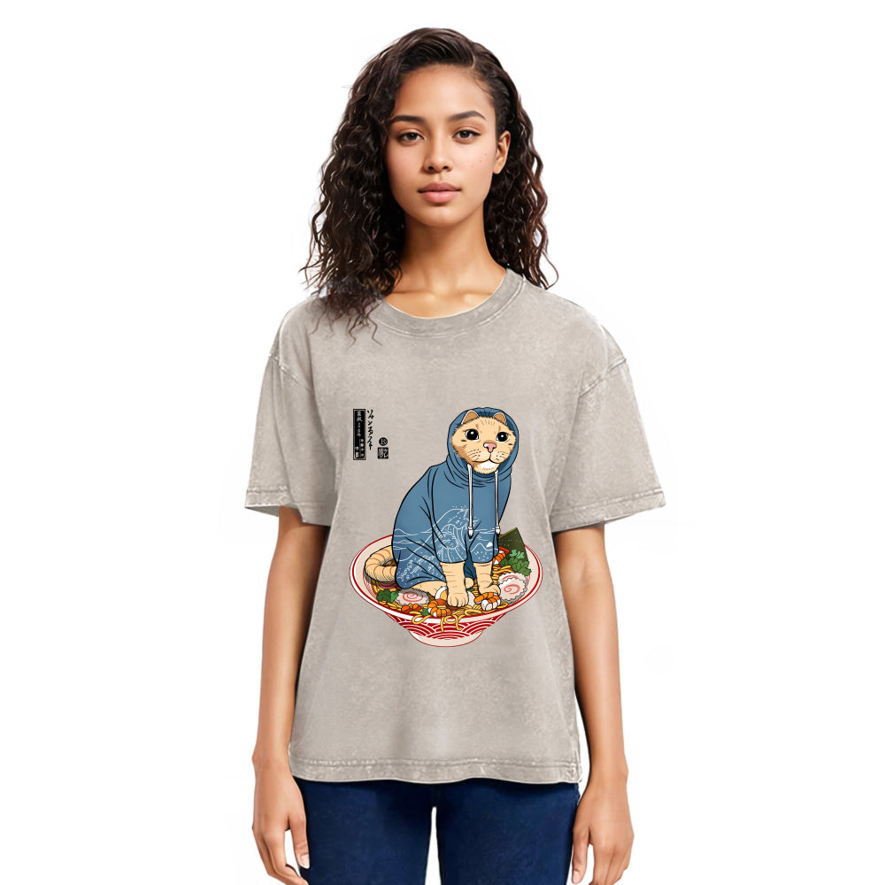 Tokyosol Japanese Cat On Ramen Washed T Shirt