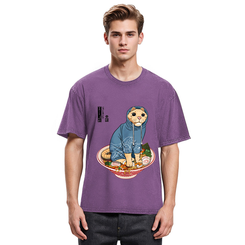 Tokyosol Japanese Cat On Ramen Washed T Shirt