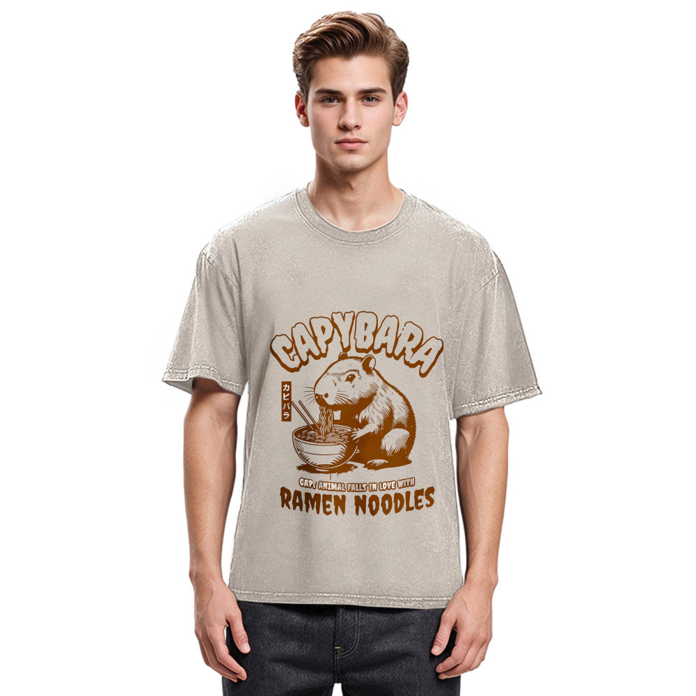Tokyosol Retro Capybara Eating Ramen Washed T Shirt